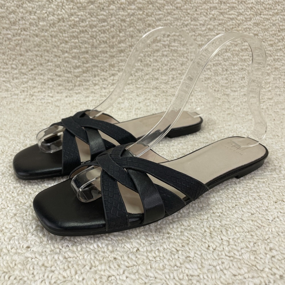 Halston Slip On Sandal Womens 7‎ Snakeskin Embossed Black Strappy Flip Flop